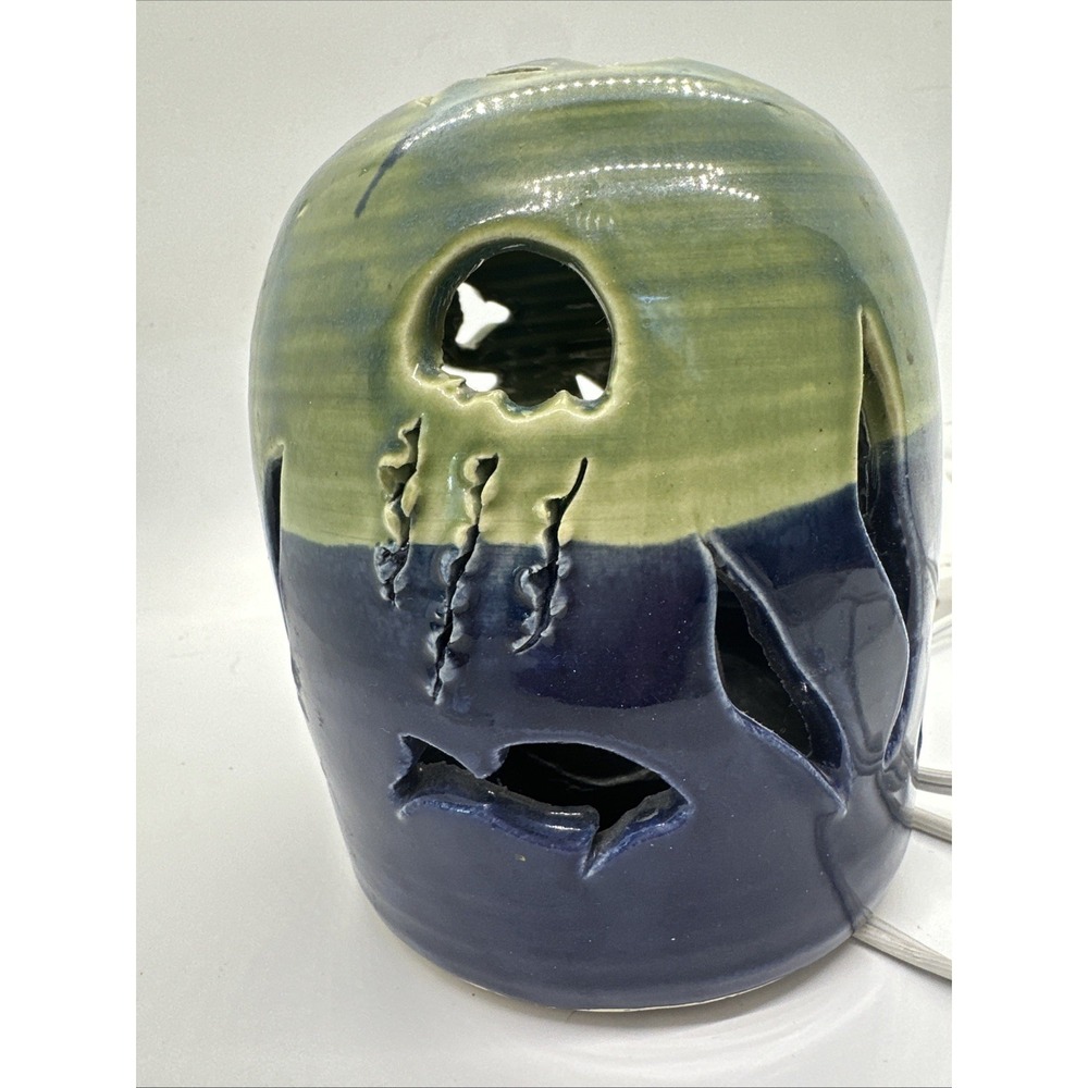 Handmade Studio Pottery Nightlight Sea Life Cut Outs Tone Blue Green Signed 1985